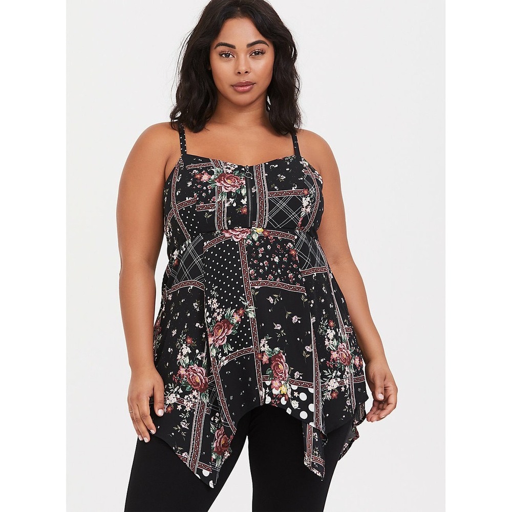 Torrid Black Floral Patchwork Handkerchief Hem Cami Top 00 Large Zip Front Boho